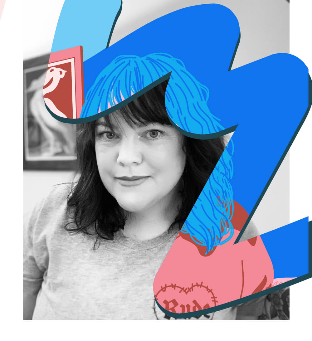 Danielle Maveal in photo and cartoon, revealed with a squiggly brush stroke