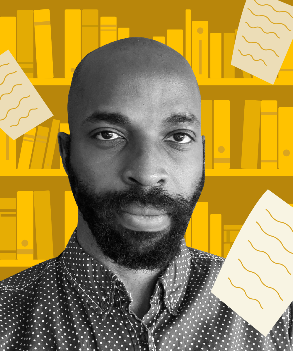 Michael in front of monochrome bookshelves and written sheets float around him