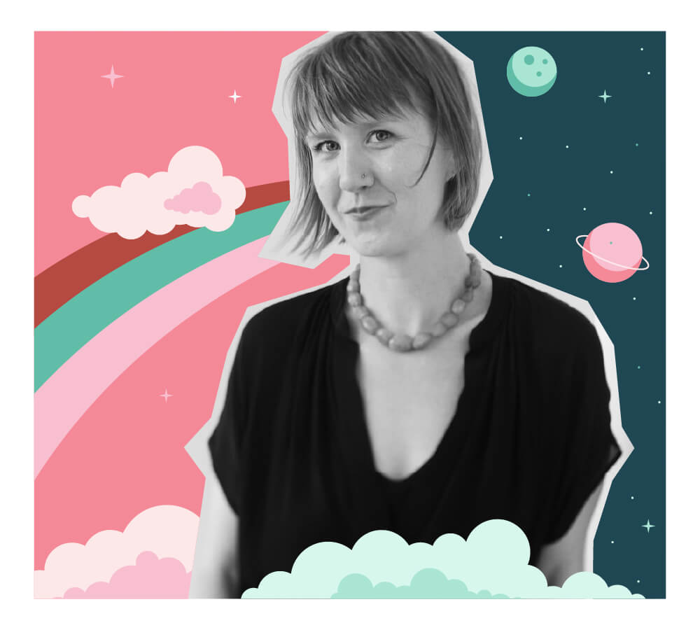 Kate Strathmann surrounded by outer space and rainbows